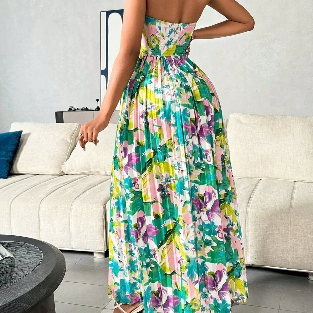 Multicolor Boho Womens Floral Printed Hollow Out Pleated Strapless Dress - Picture 3 of 5